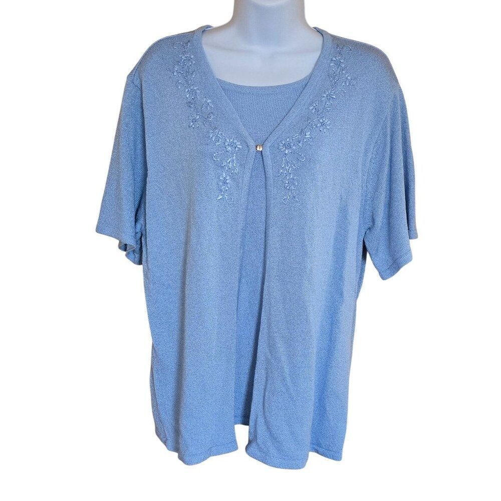 Charter Club Blue 2-PieceโKnit Cardigan & Tank Floral Embroidery Set Womens Size